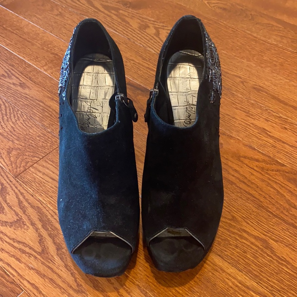 Black suede Sam Edelman beaded peep toe booties